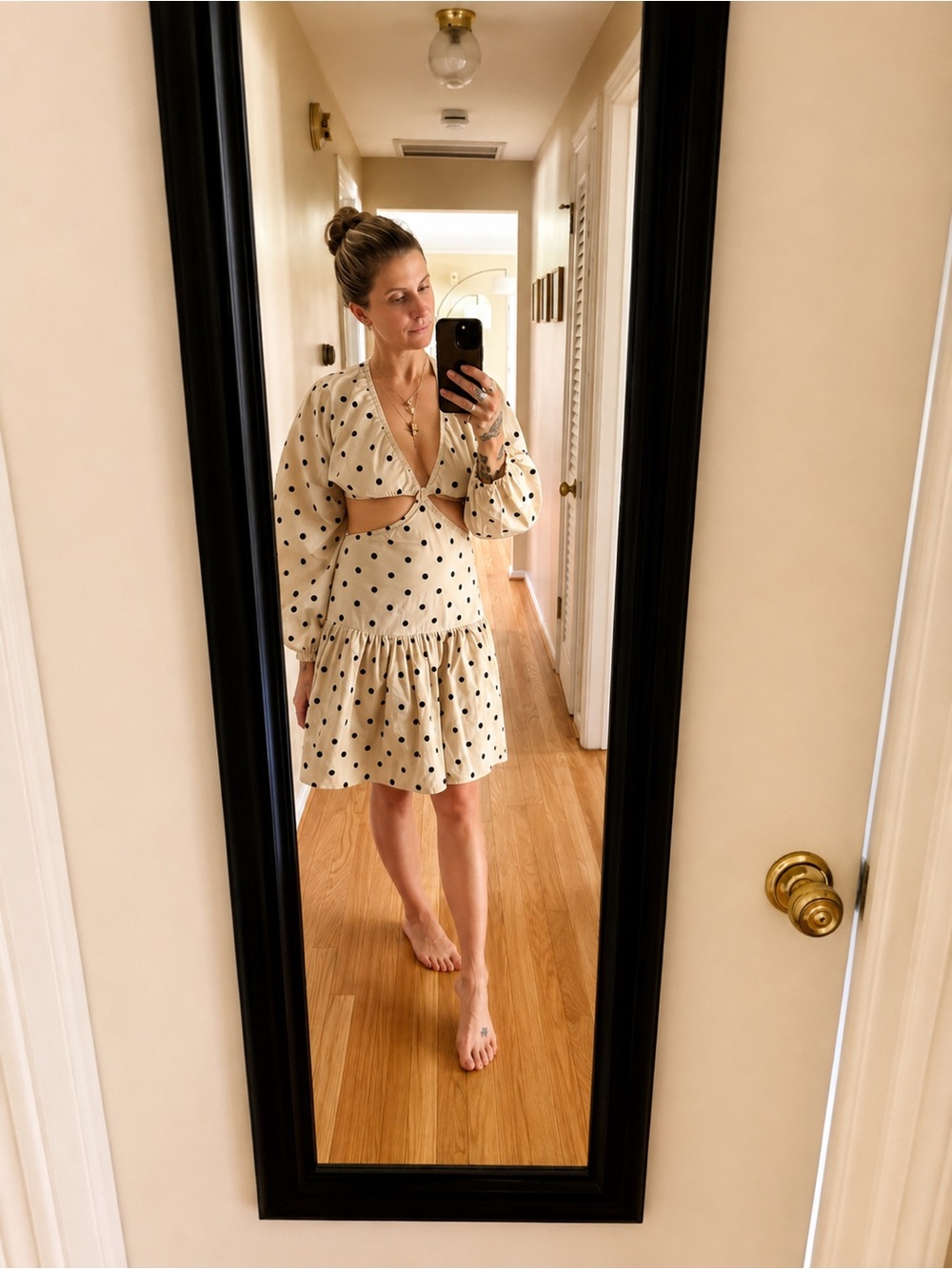 Cream Polka Dot Cutout Babydoll Dress